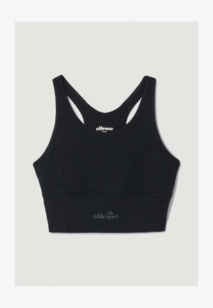 Soutien-gorge de sport noir avec une texture lisse, un design dos nageur et un détail de logo à l'ourlet, adapté aux vêtements de sport.