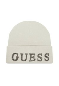 Beanie lavorato a maglia color crema con risvolto. Presenta la scritta "GUESS" in lettere metalliche argentate sul davanti. Morbido al tatto e con una vestibilità aderente.