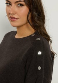 Maglione marrone scuro con scollatura tonda, dotato di bottoni a pressione argentati sulla spalla. Texture morbida, maniche lunghe e design aderente.