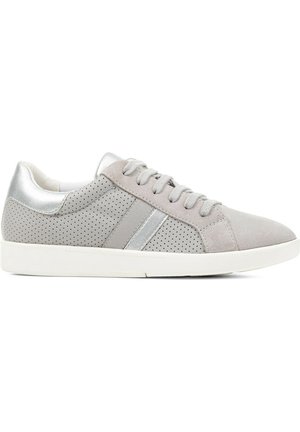 Gray suede sneaker with perforated detailing, silver accents, and a white rubber sole. Classic lace-up design with a low profile.