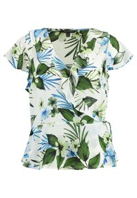 Blusa floreale realizzata in tessuto leggero, con sfondo bianco decorato da foglie verdi e fiori blu, colletto arricciato e maniche corte.