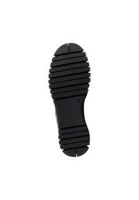 Suela de zapato de goma negra con ranuras y nervaduras horizontales, que presenta una punta redondeada y un diseño robusto para mayor tracción.