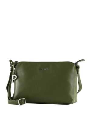 Olivengroene rechthoekige crossbodytas met verstelbare riem, zilveren gesp en een klein metalen "Picard" logo aan de voorkant.