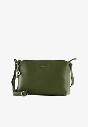 Olive green rectangular crossbody bag with adjustable strap, silver buckle, and small metal "Picard" logo on front.