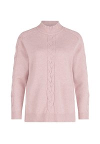 Rosa gestrickter Pullover mit hohem Rippenkragen, Zopfmuster-Design an der Vorderseite sowie gerippten Bündchen und Saum. Strukturierter und gemütlicher Look.
