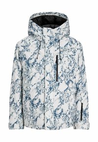 Veste imperméable avec un motif marbré bleu et blanc, dotée d'une capuche, de poches zippées et de cordons ajustables.