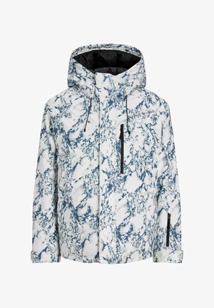 Waterproof jacket with a blue and white marbled pattern, featuring a hood, zippered pockets, and adjustable drawstrings.