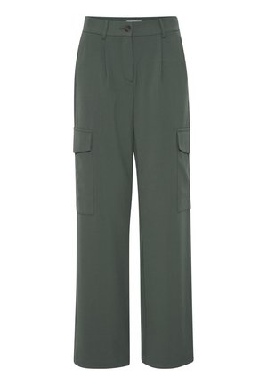 Olive zaļas kravas bikses, kas izgatavotas no viegla auduma, ar taisnu piegriezumu, divām sānu kabatām un pogu aizdari jostas vietā.