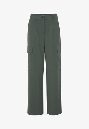 Olive zaļas kravas bikses, kas izgatavotas no viegla auduma, ar taisnu piegriezumu, divām sānu kabatām un pogu aizdari jostas vietā.