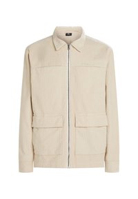 Beige corduroy jas met een rits aan de voorkant, twee grote opgestikte zakken en een kraag. Geweven stof en een eenvoudig ontwerp.