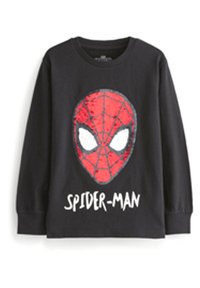 Schwarzes Langarmshirt mit einem roten Spider-Man-Masken-Motiv, das ein Netzmuster zeigt, und weißem Text darunter, der "SPIDER-MAN" liest.