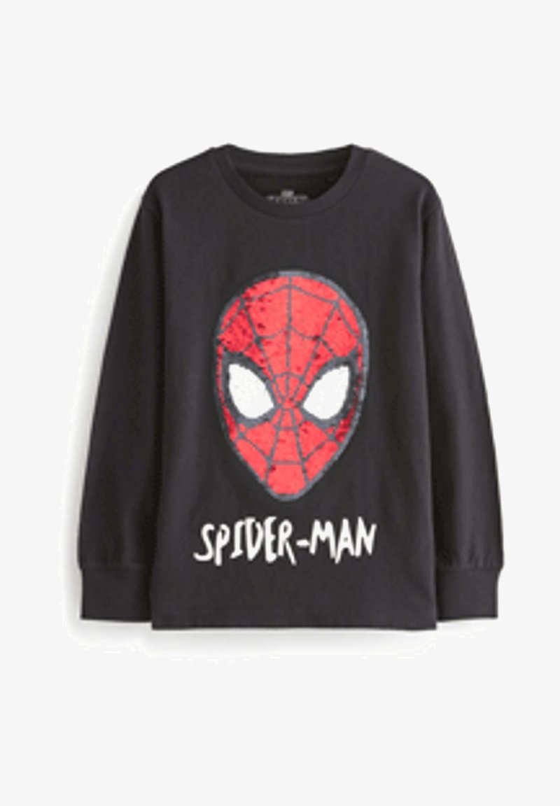 Sort langærmet skjorte med et rødt Spider-Man-maske grafik og et spindelmønster, samt hvid tekst, der læser "SPIDER-MAN" nedenunder.