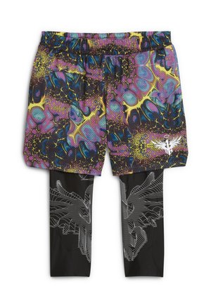 Heren sportshorts met een kleurrijk abstract patroon over zwarte leggings met witte geometrische vleugelontwerpen en een wit vleugelachtig logo op de shorts.