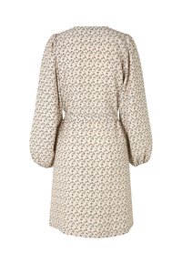 Blumenkleid in hellem Beige mit grünen Blättern, langen Puffärmeln, taillierter Taille und geradem Schnitt. Die Rückansicht zeigt Details des Ausschnitts.