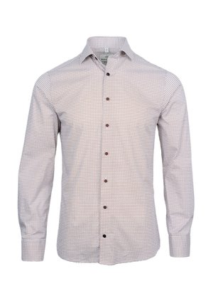 Lange mouwen overhemd met knopen in licht beige, met een geometrisch bordeauxpatroon en contrasterende bruine knopen. Soepele stof, standaardkraag.
