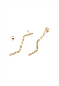 Goldfarbene Ohrringe mit Zickzack-Design, verziert mit klaren Kristallen und einem glatten Kugelstein. Enthalten ist ein zylindrisches goldfarbenes Element.