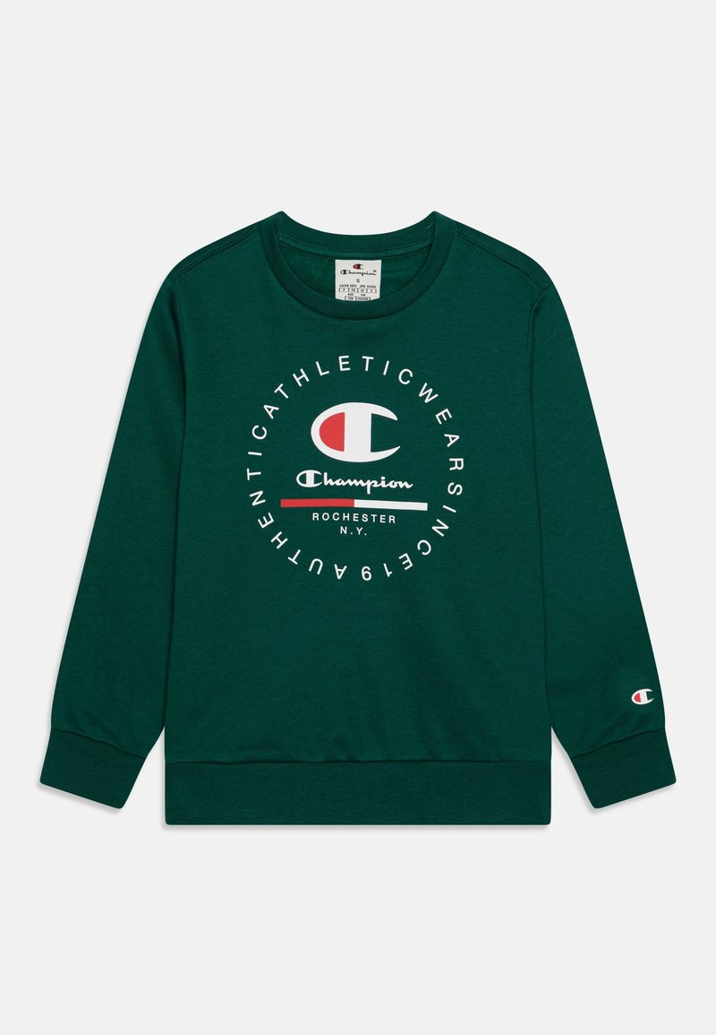 Sweat-shirt à manches longues Champion vert foncé avec col rond et logo circulaire blanc et rouge ainsi que le texte "Champion Rochester N.Y." sur le devant.