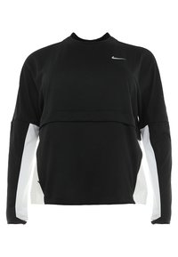 Sweatshirt noir et blanc à manches longues avec un col rond, présentant un design superposé et un petit logo sur la poitrine. Texture de tissu lisse.