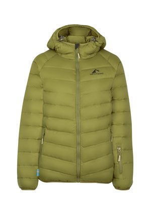 Olivgrüne gesteppte Jacke mit Frontreißverschluss, Kapuze mit verstellbaren Kordeln, seitlichen Reißverschlusstaschen und kleinem Flaggenetikett am linken Ärmel.