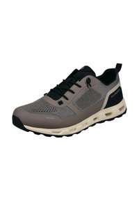 Lightweight athletic shoe in shades of gray and black. Features a textured upper, breathable mesh, and rubber sole with cutouts for flexibility.
