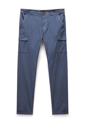 Baumwoll-Cargo-Hosen in schieferblau mit einem Reißverschluss und Knopfverschluss, zwei vorderen Taschen und zwei seitlichen Cargo-Taschen. Glatte Textur und schmaler Schnitt.