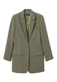 Olivengrøn blazer med strukturerede skuldre, enkelt knaplukning, to forlommer og et glat satinfor. Klassisk skræddersyet design.