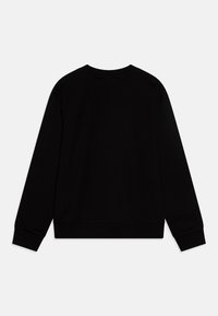 Sudadera negra de manga larga, con escote redondeado, puños y dobladillo acanalados. Textura suave, color sólido, diseño minimalista sin detalles adicionales.