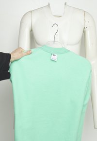 Sweatshirt verde menta segurado acima de um manequim branco. O tecido parece suave, com um decote redondo e uma etiqueta de roupa visível.
