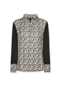 Langärmlige Bluse mit schwarzen Ärmeln, geometrischem schwarz-weißem Rautenmuster am Körper, passendem Bündchen und Kragen, durchgeknöpften Vorderseite.