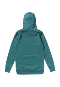 Haut à capuche teal à manches longues, col montant et cordon de serrage. Tissu doux et texturé avec des poignets et un ourlet côtelés.