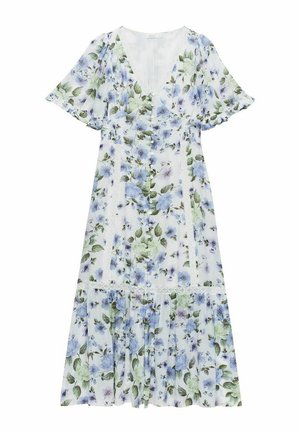 Kukkamallinen midi-mekko lyhyillä röyhelösateilla, valkoinen pohja, sinisiä ja vihreitä kukkakuoseja, pitsikoristeita ja napitusyksityiskohtia edessä.