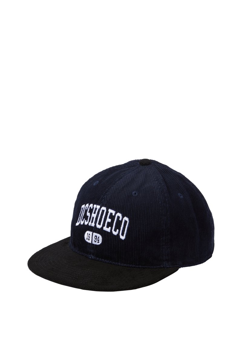 Marine corduroy pet met een zwarte klep, beschikt over witte geborduurde tekst "DCSHOECO" en het jaar "1994", zes-paneel ontwerp en luchtgaatjes.