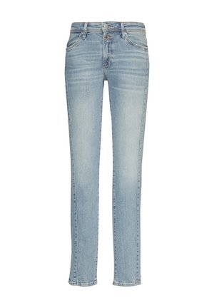 Jean en denim bleu clair avec une coupe droite, design à cinq poches et décoloration subtile. Présente une fermeture à glissière et un bouton en métal.