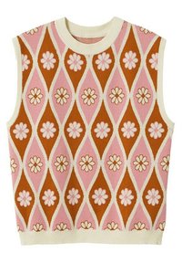 Ärmelloser Strickpullover mit einem retro Blumenmuster in rosa und braunen Rauten, mit cremefarbenem geripptem Kragen und Trimm.