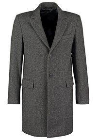 Šedý vlněný kabát s klopami, dvěma předními kapsami a dvěma knoflíky. Má texturovaný, herringbonový vzor a rovný střih.