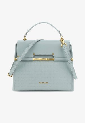 Sac à main en cuir bleu clair avec poignée supérieure, bandoulière réglable, quincaillerie dorée et texture tissée subtile sur le panneau avant.