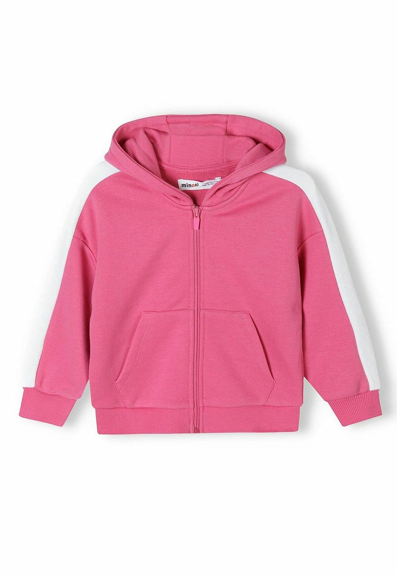 Fuksija zip-up dukserica s kapuljačom, bijeli paneli na rukavima, kenguru džepovi, rebrasti manžeti i donji rub. Mekani materijal od mješavine pamuka.