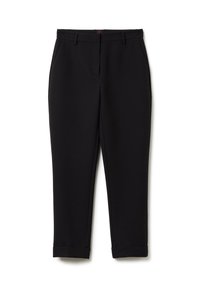 Pantaloni neri a gamba dritta sartoriali con passanti per cintura, tasche laterali, orli ripiegati e chiusura frontale nascosta.