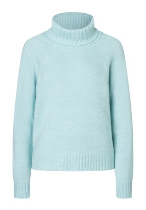 Pull à col roulant bleu clair en tissu doux. Il présente des poignets et un ourlet côtelés, avec une coupe décontractée et sans motifs ni éléments métalliques visibles.