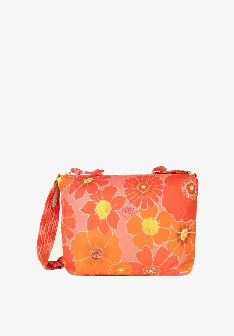 Sac bandoulière orange à motifs floraux avec fermeture éclair, sangle réglable et tissu texturé arborant des fleurs jaunes et roses.