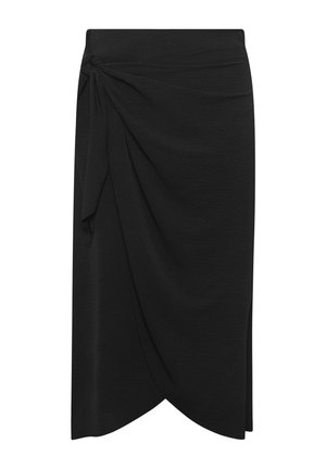 Schwarzer Midirock mit drapiertem Vorderteil und seitlicher Schleife, mit tulpenförmigem Saum.