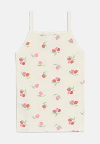 Kokvilnas kamzole ar plānām siksnām, ar krēma krāsas fonu un atkārtotu ziedu rakstu, kas sastāv no rozā un brūniem augļiem ar zaļām lapām.