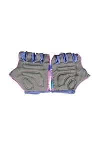 Halbfingerhandschuhe mit grauem Wildleder an den Handflächen, buntes Stoffdesign in Pink, Blau und Lila. Elastische Handgelenkbänder für sicheren Sitz.