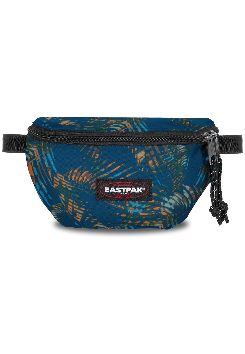 Marsupio Eastpak blu navy con motivo tropicale colorato, chiusura con zip e tracolla nera regolabile. Dotato di patch con logo.