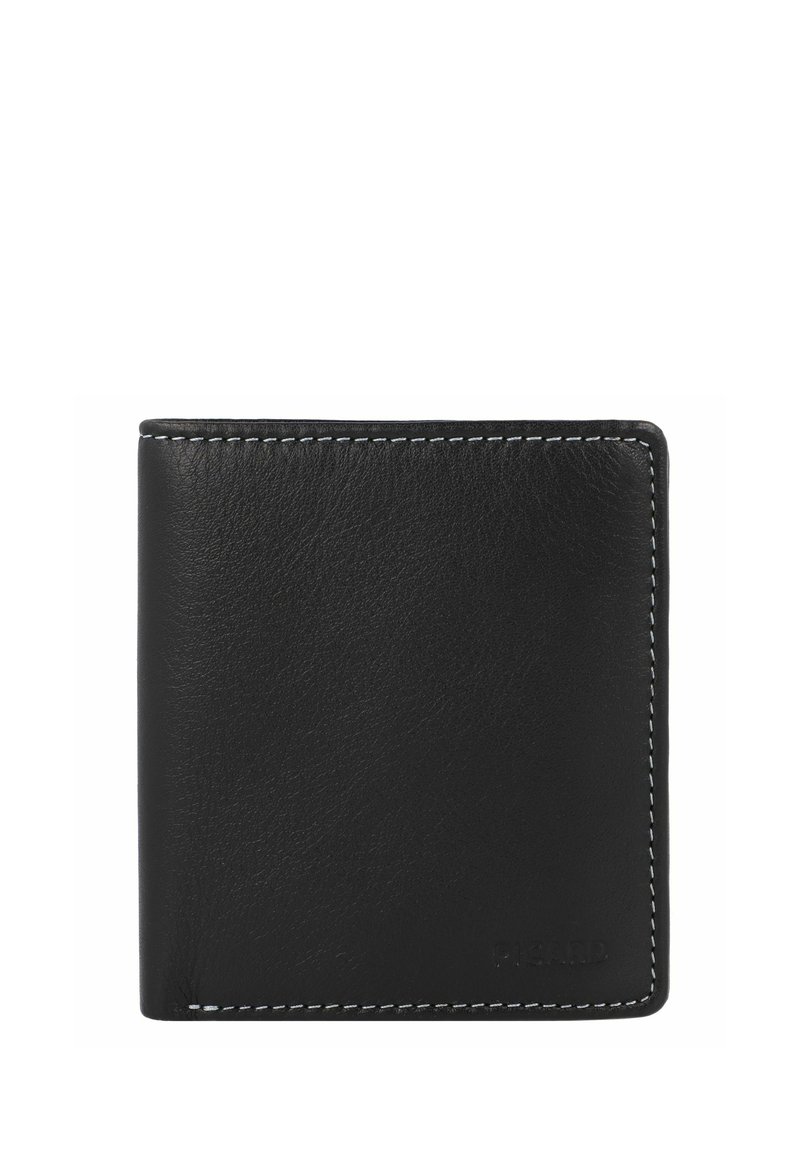 Black leather wallet with a textured finish, contrasting white stitching, a foldable design, and a discreet embossed logo on the bottom right.