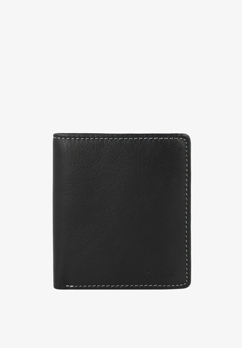 Black leather wallet with a textured finish, contrasting white stitching, a foldable design, and a discreet embossed logo on the bottom right.