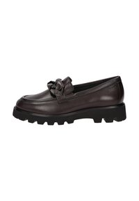 Braune Leder-Lederschuhe mit einer Schleifenakzent, runder Spitze, strukturiertem Obermaterial und einer klobigen schwarzen Gummisohle mit tiefen Profilen.