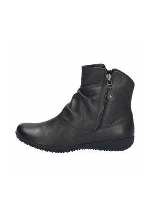 Bottes de cheville en cuir noir avec un design élégant, fermeture éclair latérale, surface texturée et semelle en caoutchouc antidérapante.