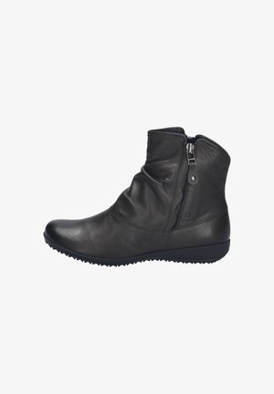Black leather ankle boots featuring a sleek design, side zipper, textured surface, and a rubber sole with traction.