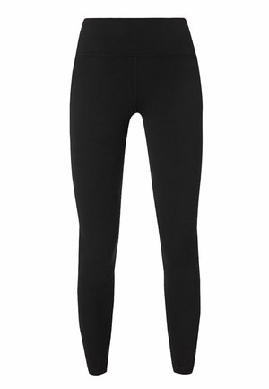 Zwarte leggings gemaakt van rekbare stof, voorzien van een hoge taille en een gestroomlijnde pasvorm zonder zichtbare naden of patronen.
